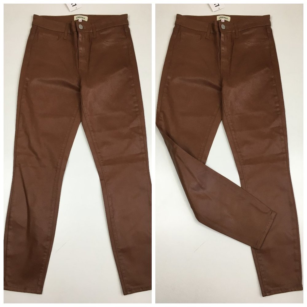 NWOT L'AGENCE 5 Pocket Logo Hardware Brown Coated MARGOT Crop/Ankle Skinny Jeans